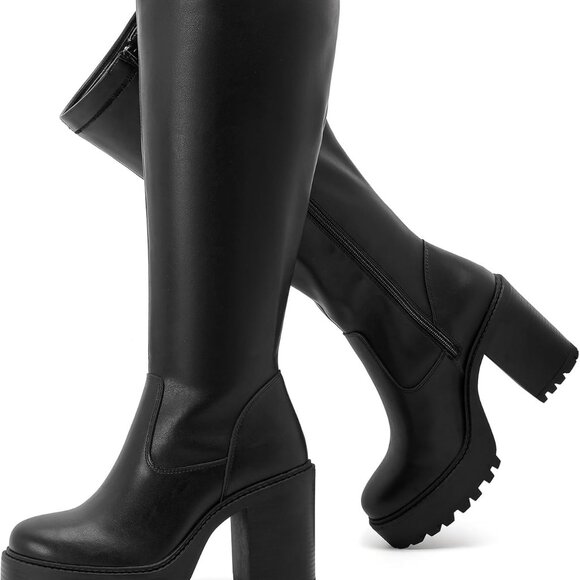 Women's Wide Calf Knee High Boots Man-Made Leather Rubber Sole Tall Heel - Picture 1 of 6
